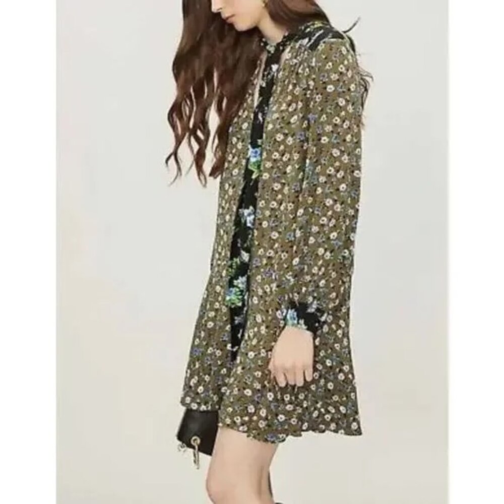 Sandro Paris Floral Print Tie-Neck Mini Dress | Size S | Olive/Multi